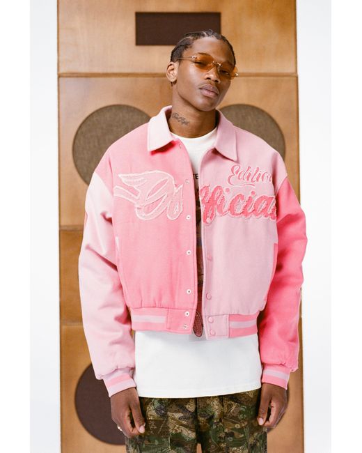 BoohooMAN Pink Boxy Spliced Tonal Varsity Jacket for men