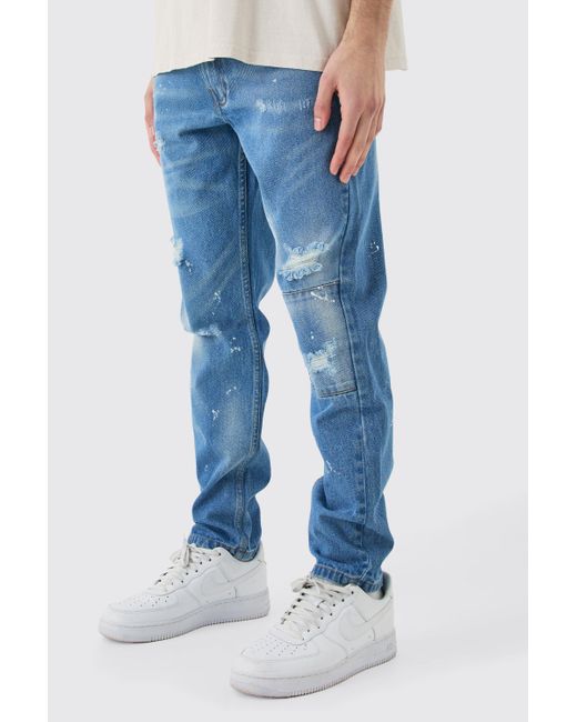 Boohoo Blue Slim Rigid All Over Paint Detail Knee Ripped Jeans