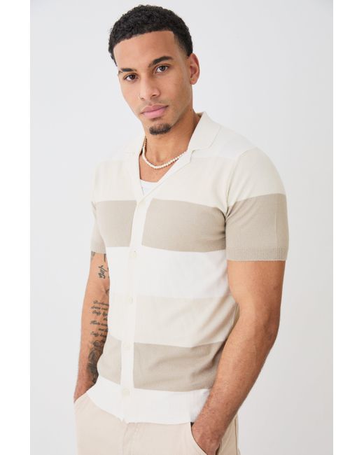 BoohooMAN Short Sleeve Revere Stripe Knitted Shirt in White für Herren