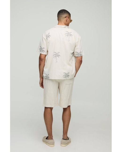 BoohooMAN White Oversized Linen Blend Palm Printed Short Sleeve Shirt for men