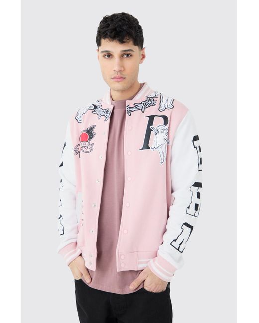 BoohooMAN Pink Oversized Limited Jersey Varsity Jacket for men