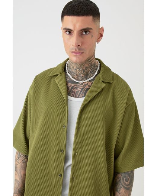 BoohooMAN Green Tall Oversized Revere Pleated Shirt & Short Set In Khaki for men