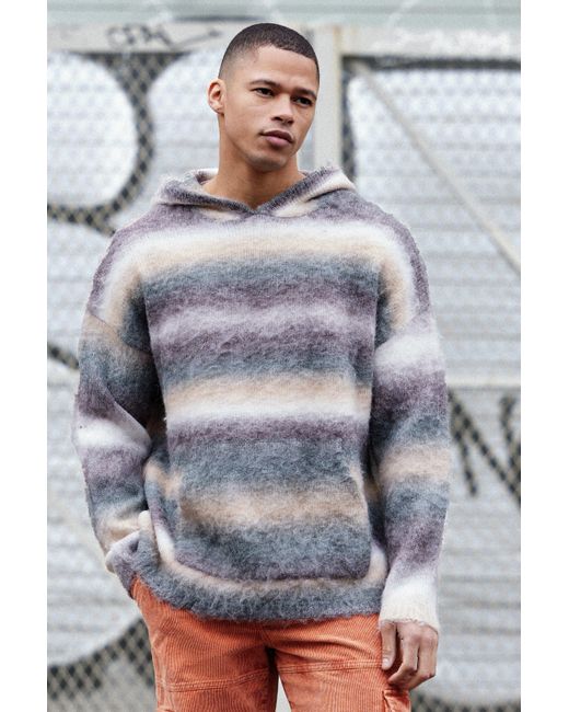 BoohooMAN Gray Regular Knitted Brushed Stripe Hoodie In Sage for men
