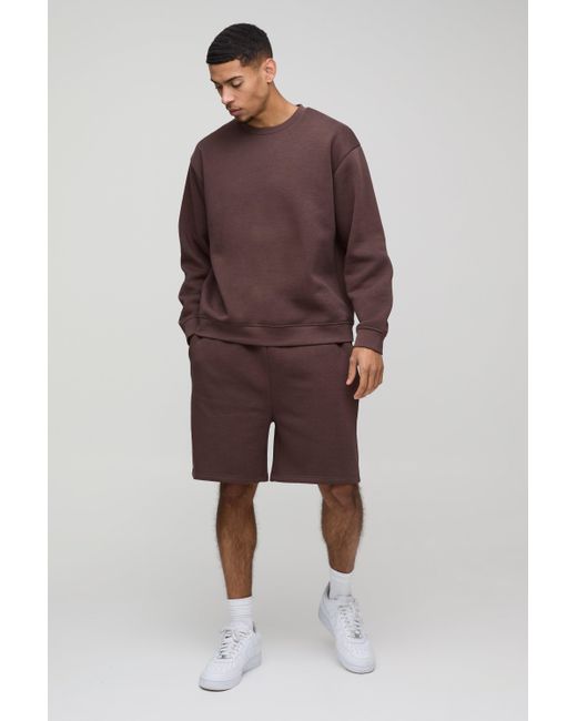 BoohooMAN Brown 330Gsm Oversized Sweatshirt Drop Crotch Short Tracksuit for men
