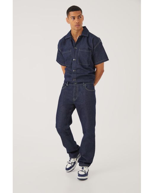 BoohooMAN Blue Relaxed Fit Denim Jumpsuit for men