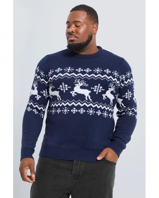 Boohoo Plus Reindeer Fairisle Panel Christmas Sweater in Blue for Men | Lyst