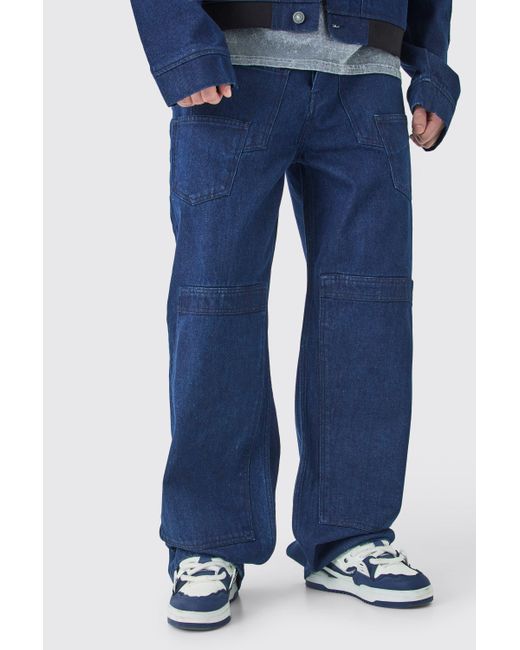 BoohooMAN Tall Baggy Rigid Multi Pocket Carpenter Jeans in Blue für Herren