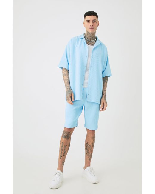 BoohooMAN Tall Oversized Short Sleeve Pleated Shirt & Short In Blue for men