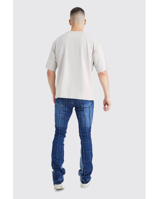 BoohooMAN Blue Tall Slim Rigid Flare Panelled Gusset Jean for men