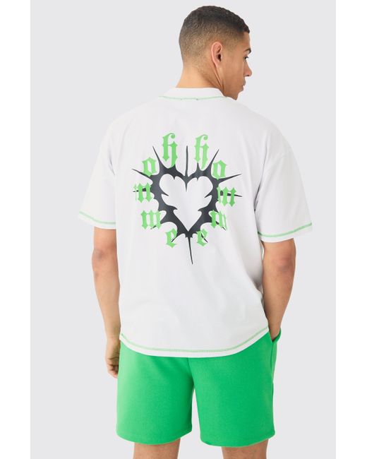 BoohooMAN Green Oversized Graphic Heart Contrast Stitch T-shirt & Short Set for men