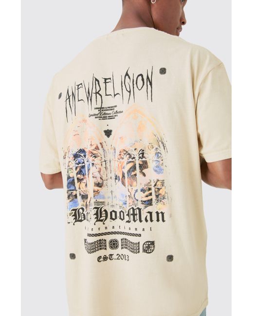 BoohooMAN Oversized Washed Anew Religion Print T-shirt in Natural für Herren