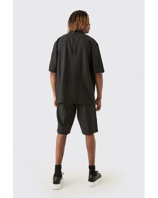 BoohooMAN Tall Elasticated Waist Linen Comfort Shorts In Black for men