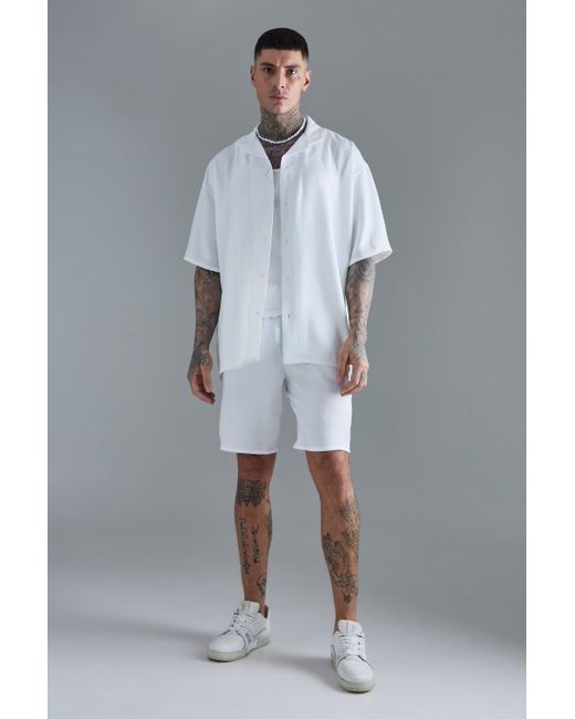 BoohooMAN Gray Tall Short Sleeve Oversized Linen Shirt & Short Set In White for men