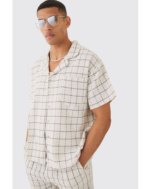BoohooMAN White Boxy Textured Grid Flannel Shirt And Short for men