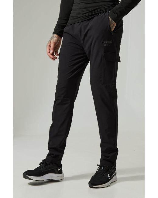 BoohooMAN Black Tall Active Training Dept Tapered Cargo Joggers for men