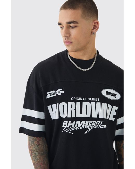 BoohooMAN Black Oversized Boxy Worldwide Waffle T-Shirt for men