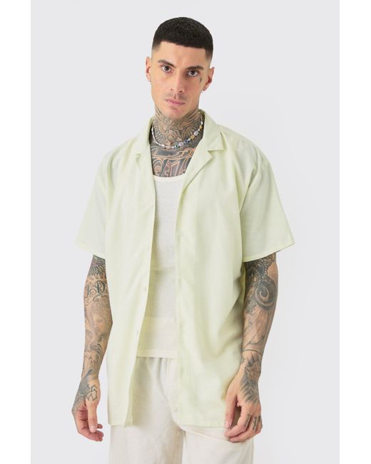 BoohooMAN Natural Tall Linen Oversized Revere Shirt In Green for men
