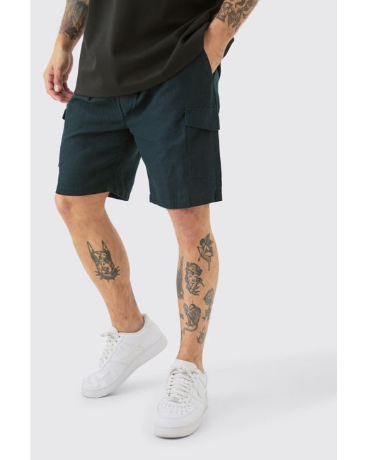 Linen Elastic Waist Cargo Shorts Boohoo de color Black