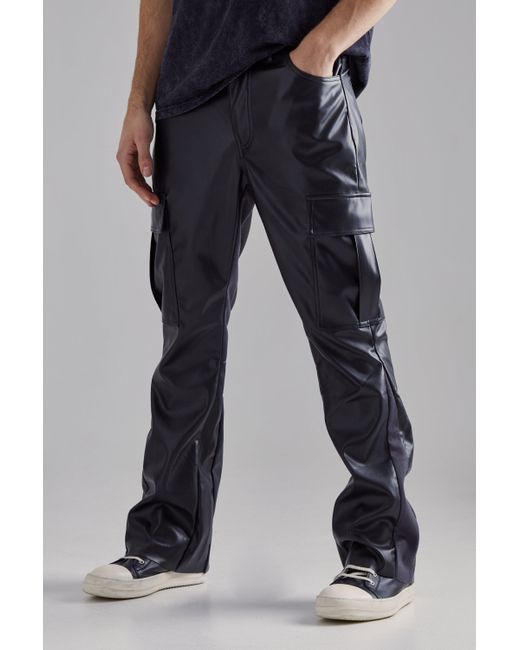 BoohooMAN Pu Gusset Detail Cargo Flared Pants in Black for Men Lyst