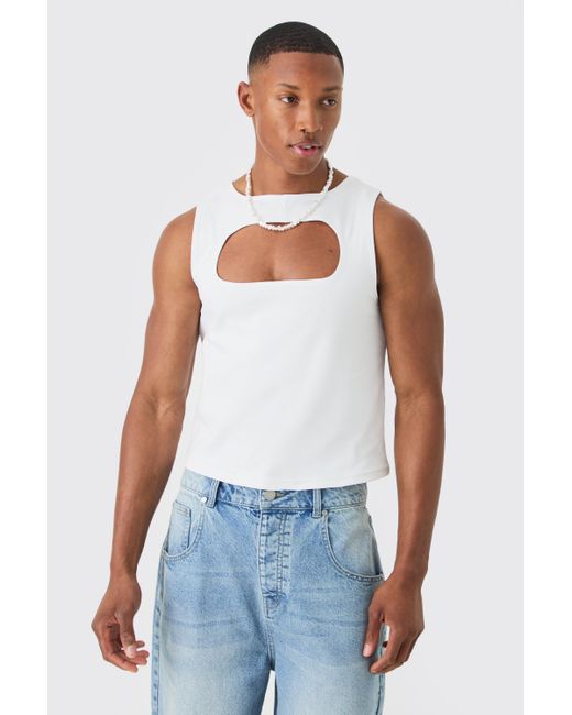 BoohooMAN White Muscle Fit Cut Out Interlock Tank for men