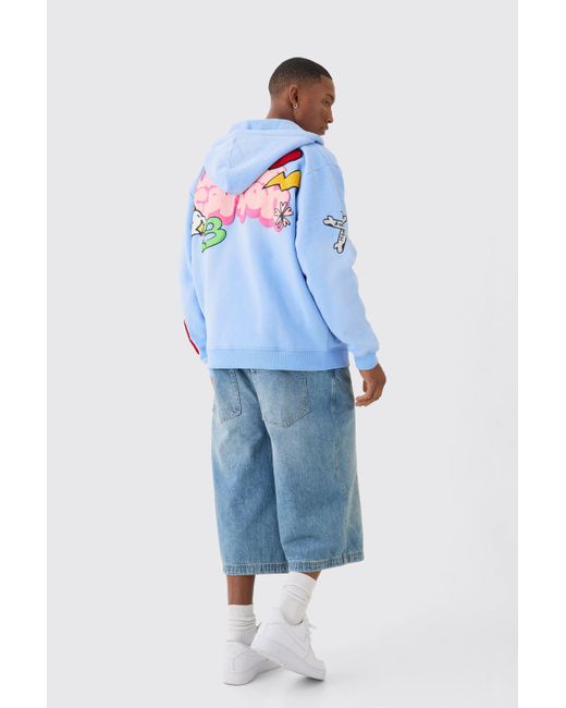 BoohooMAN Blue Oversized Zip Through Embroidered Spray Hoodie for men