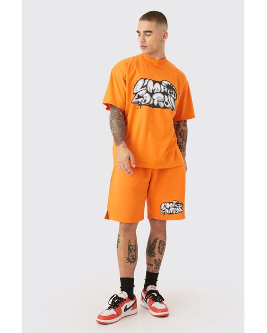 BoohooMAN Orange Oversized Extended Neck Limited Edition Graffiti Tracksuit for men