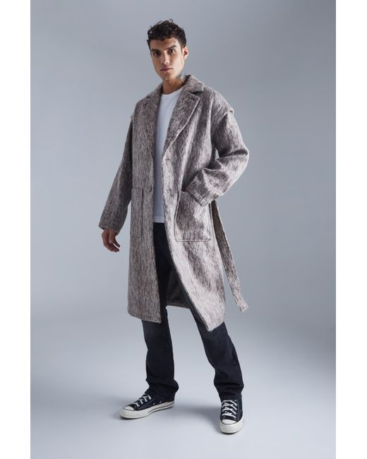 BoohooMAN Gray Longline Brushed Wool Look Belted Overcoat for men