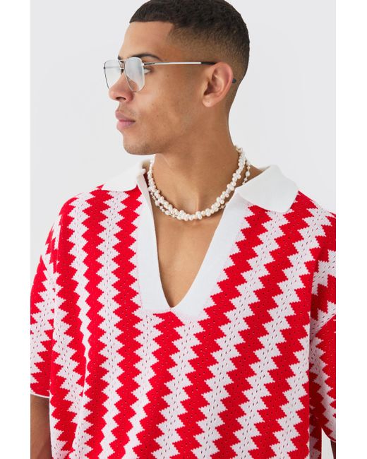 BoohooMAN Oversized Boxy Drop Revere Open Stitch Stripe Polo In Red for men