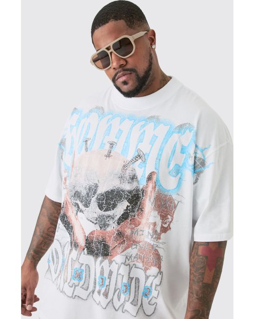 BoohooMAN Plus World Wide Over The Seam Graphic T-shirt- In White for men
