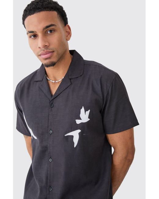 BoohooMAN Blue Oversized Linen Look Dove Embroidered Shirt for men