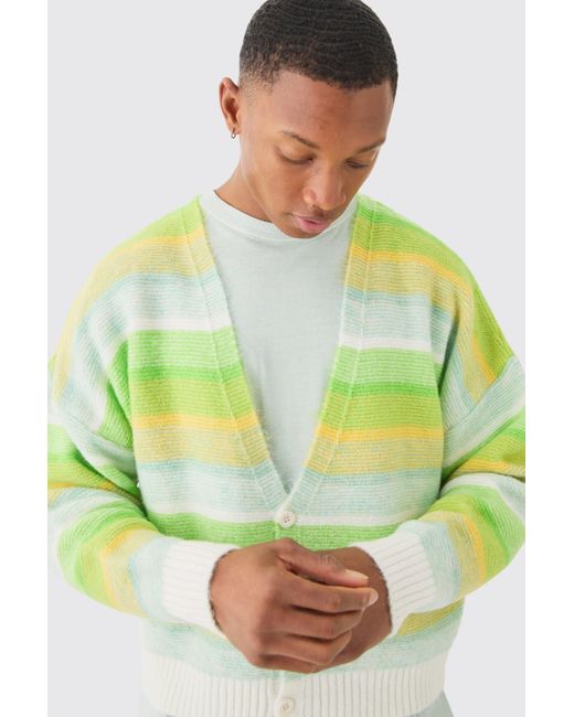 BoohooMAN Boxy Brushed Striped Cardigan In Green für Herren