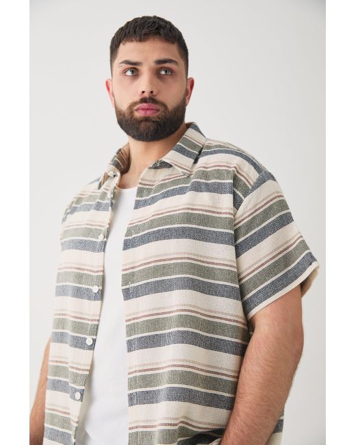 BoohooMAN Gray Plus Short Sleeve Oversized Textured Stripe Shirt In Stone for men