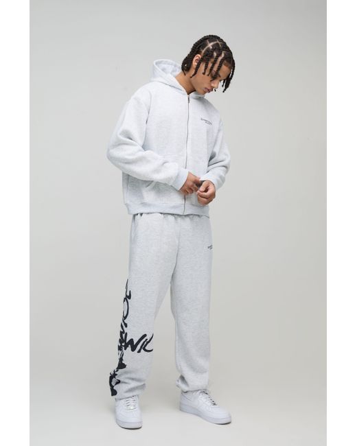 BoohooMAN Gray Oversized Boxy Zip Through Worldwide Graffiti Print Zip Through Tracksuit for men