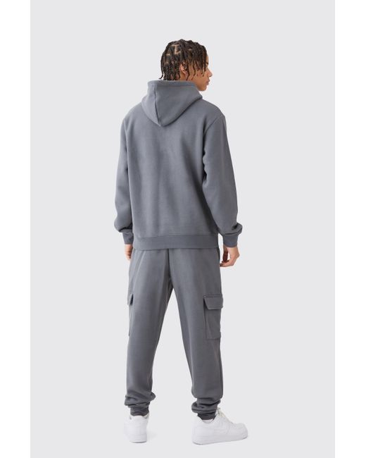 BoohooMAN Gray Man Hooded Cargo Tracksuit for men