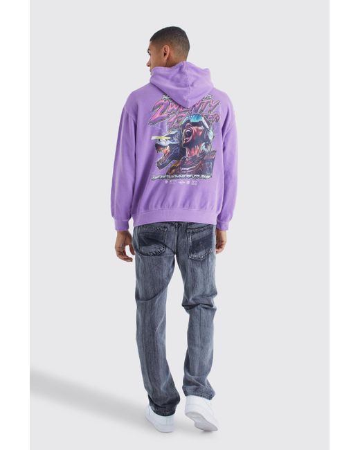 BoohooMAN Purple Oversized Overdye Graphic Hoodie for men