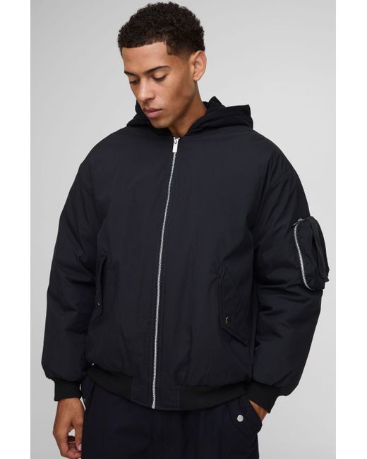 hooded black nylon bomber jacket mens