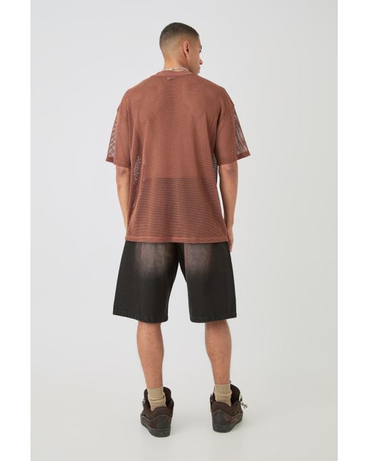 BoohooMAN Brown Oversized Open Mesh T-shirt for men