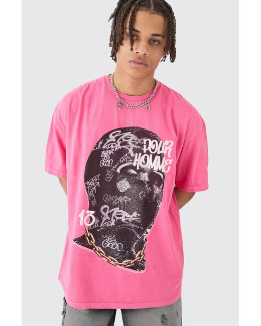 BoohooMAN Oversized Extended Neck Mask Graphic T-shirt in Pink für Herren