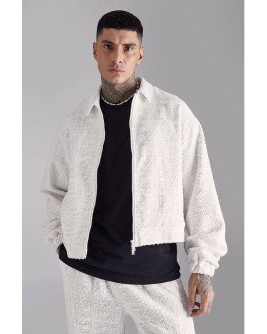 BoohooMAN White Tall Oversized Boxy Boucle Zip Through Jacket for men