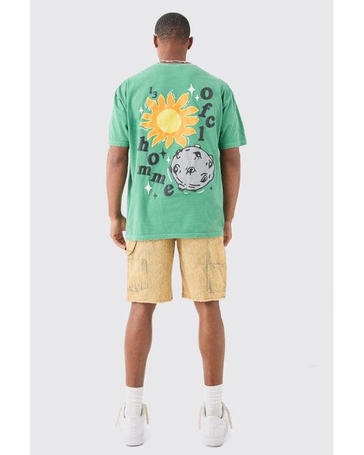 Oversized Floral Space Puff Print Wash T-Shirt Boohoo de color Green