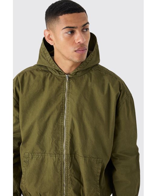 BoohooMAN Green Branded Plaque Detail Twill Hooded Overshirt for men
