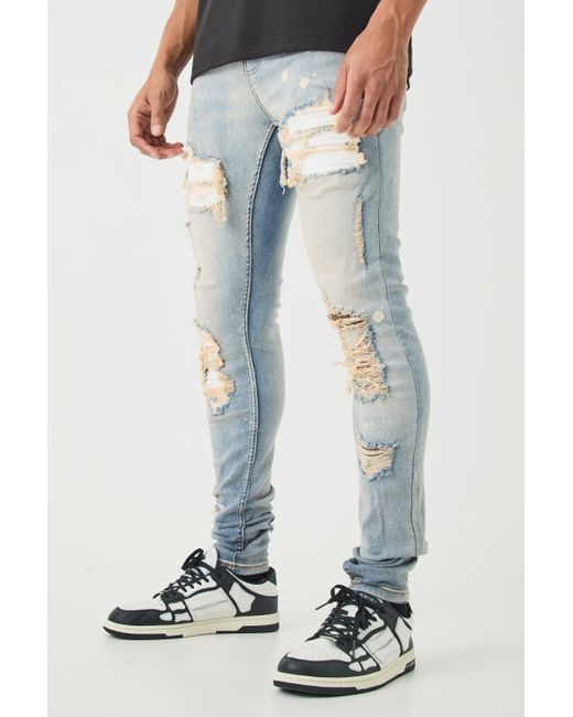 BoohooMAN Blue Skinny Stretch Stacked White Pu Biker Rip & Repair Jeans In for men