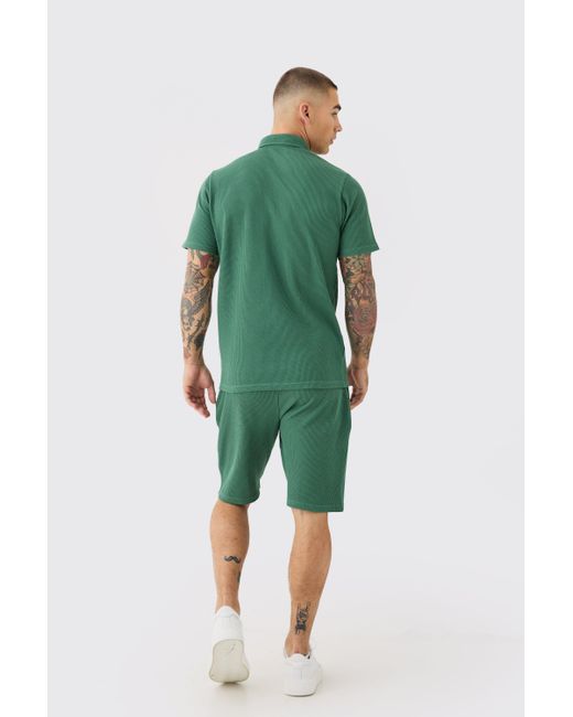 BoohooMAN Green Slim Fit Waffle Polo & Short Set for men