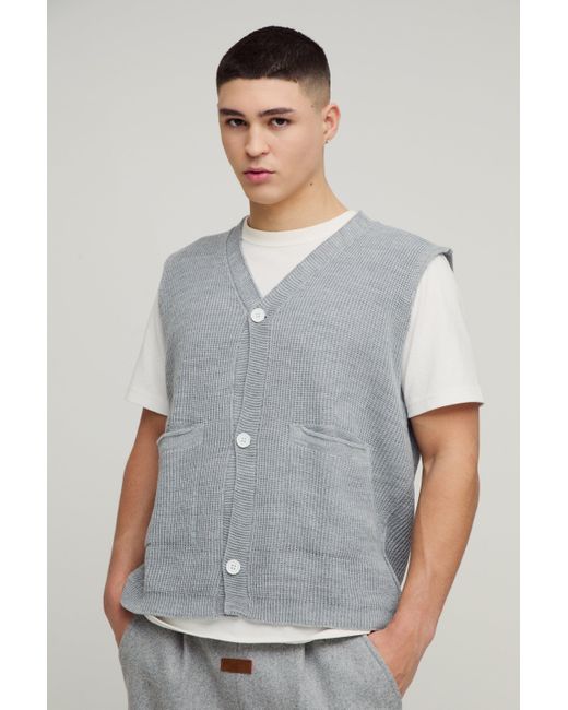 BoohooMAN Kastiges geripptes Strick-vesttop mit Knöpfen in Gray für Herren