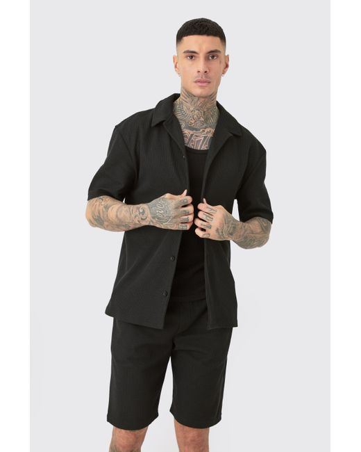 BoohooMAN Tall Short Sleeve Drop Revere Shirt & Short Set In Black for men
