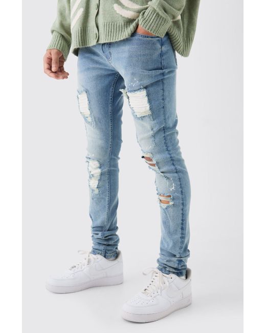 BoohooMAN Blue Skinny Stretch Stacked White Pu Biker Rip & Repair Jeans for men