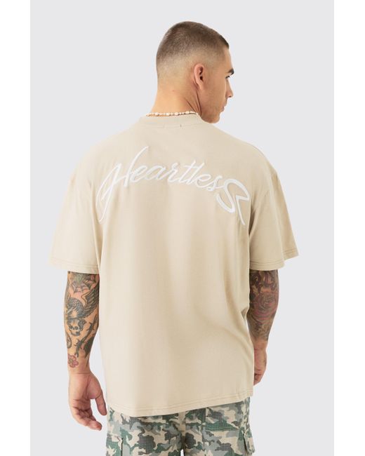 BoohooMAN Oversized Extended Neck Heavyweight Slogan T-shirt in Natural für Herren