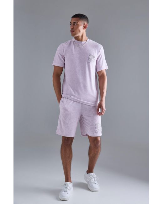 BoohooMAN Purple Regular Towelling Pearl Embroidered T-shirt And Short Set for men