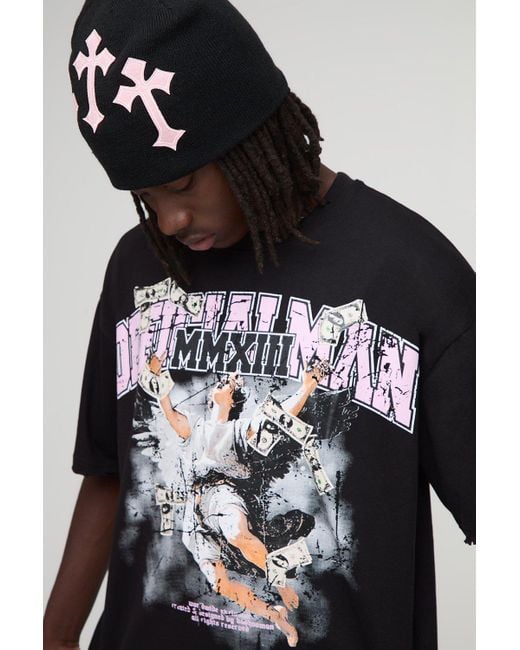 Puff Print Distressed Boxy Oversized Graphic T-Shirt Boohoo de color Black