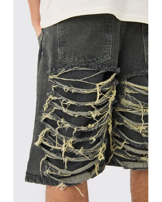 BoohooMAN Green Relaxed Rigid Extreme Ripped Denim Jort In Antique Grey for men